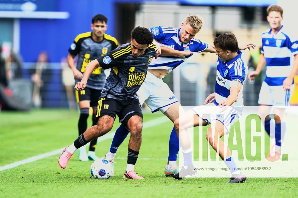 2026-10-11 VriendenLoterij Eredivisie: PEC Zwolle v SC Cambuur ZWOLLE, NETHERLANDS - OCTOBER 11: Rafik El Arguioui of SC Cambuur and Simon Graves and Ryan Thomas of PEC Zwolle during the VriendenLoterij Eredivisie match between PEC Zwolle and SC Cambuur at Mac3Park Stadion on October 11, 2026 in Zwolle, Netherlands. Zwolle Mac3Park Stadion Netherlands Content not available for redistribution in The Netherlands directly or indirectly through any third parties.