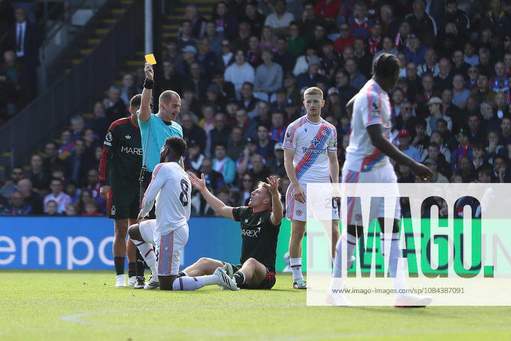 11th October 2026; Selhurst Park, London, England; Premier League Football, Crystal Palace versus Nottingham Forest; Liam Delap of Nottingham Forest wants a red card for the foul by Jefferson Lerma of Crystal Palace instead of a yellow KatiexChan