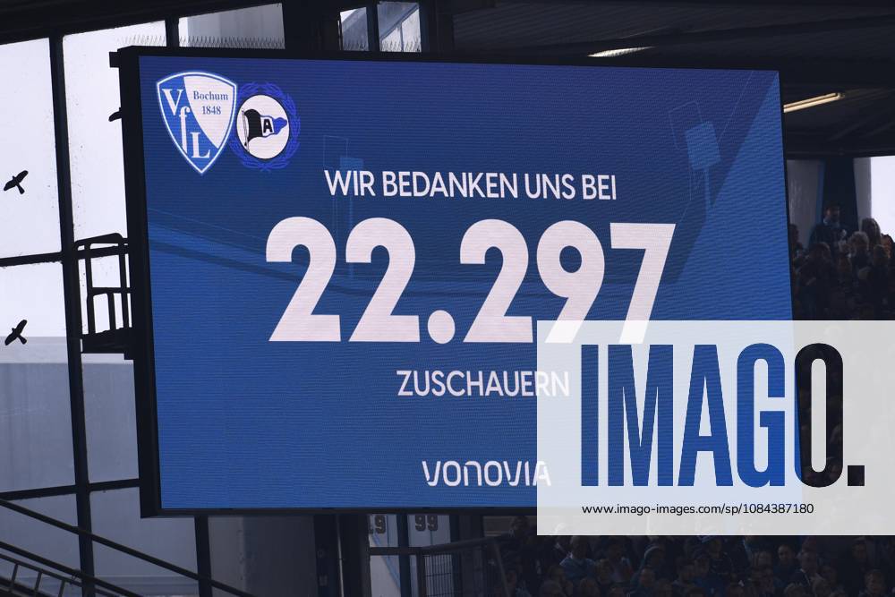 Soccer, 2. Bundesliga, Matchday 7: VfL Bochum vs. DSC Arminia Bielefeld on October 11, 2026, at the Vonovia Ruhrstadion in Bochum. The scoreboard at the Vonovia Ruhrstadion displays the attendance: 22,297. DFL regulations prohibit any use of photographs as image sequences and or quasi-video xRx