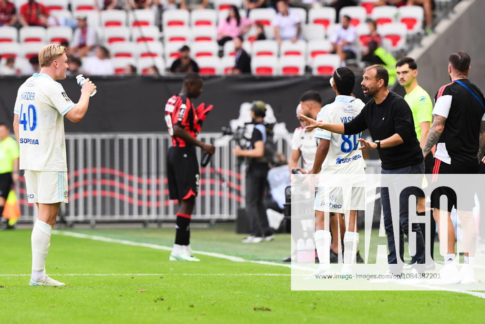 OGC Nice v RC Strasbourg Alsace - Ligue 1 McDonald s 2026 2027 Conrad HARDER of Strasbourg and Hugo OLIVEIRA Head Coach of RC Strasbourg during Ligue 1 McDonald s match between Nice and Strasbourg at Allianz Riviera Stadium on October 11, 2026 in Nice, France. Nice France