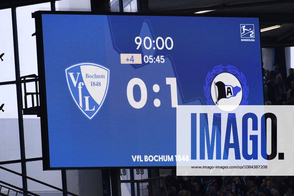 Soccer, 2. Bundesliga, Matchday 7: VfL Bochum vs. DSC Arminia Bielefeld on October 11, 2026, at the Vonovia Ruhrstadion in Bochum. The scoreboard at the Vonovia Ruhrstadion displays the final score: Bochum 0–1 Bielefeld. DFL regulations prohibit any use of photographs as image sequences and or quasi-video xRx