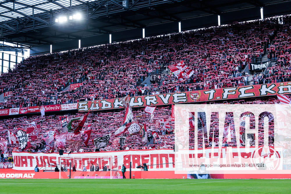 Tifo of 1. FC Koeln fans during the Bundesliga match between 1. FC Koeln vs. Borussia Moenchengladbach at Rheinenergie-Stadion on matchday 5 of the 1. Bundesliga on October 11, 2026 in Koeln, Germany. DFL REGULATIONS PROHIBIT ANY USE OF PHOTOGRAPHS AS IMAGE SEQUENCES AND OR QUASI-VIDEO. Wat uns aandriev, brennt wie fueer What drives us, burns like fire. North Rhine Westphalia Germany