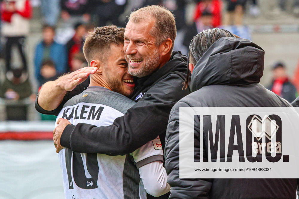 Robin Kalem of SV Wehen Wiesbaden, No. 10 celebrates his goal to make it 2–4 alongside head coach Jochen Seitz of SV Wehen Wiesbaden. Wiesbaden ultimately won the match quite convincingly in the game between FC Ingolstadt 04 and SV Wehen Wiesbaden on October 11, 2026, DFB regulations prohibit any use of photographs as image sequences and or quasi-video. GER, Soccer, 3. Liga, Matchday 8, FC Ingolstadt 04 vs. SV Wehen Wiesbaden, October 11, 2026, Audi Sportpark Ingolstadt