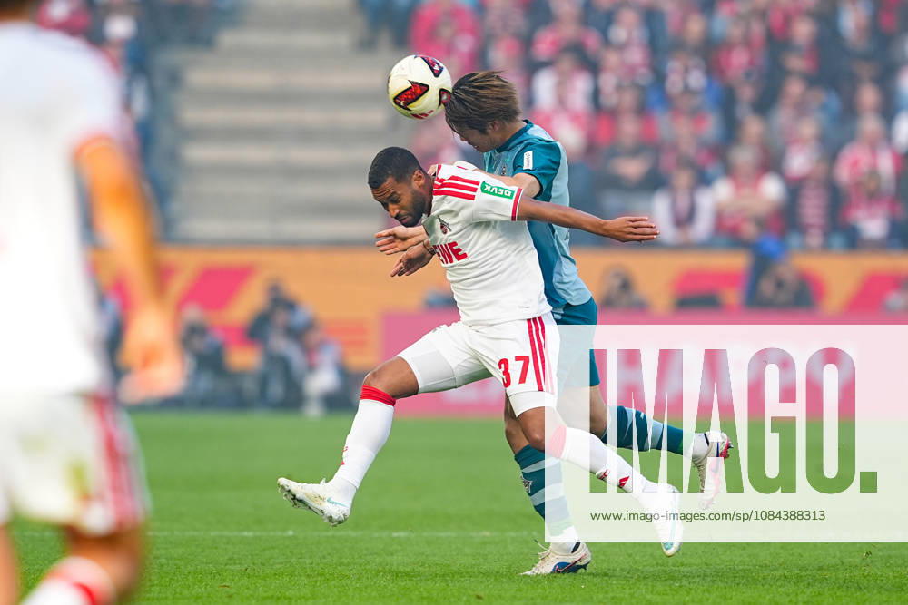 Men s, Soccer, Bundesliga 1, 1. FC Köln vs. Borussia Mönchengladbach, 2026–2027 season, RheinEnergieSTADION: Linton Maina (1. FC Köln), No. 37, in a tackle against Daiki Hashioka (Borussia Mönchengladbach), No. 14. DFB regulations prohibit any use of photographs as image sequences and or quasi-video.
