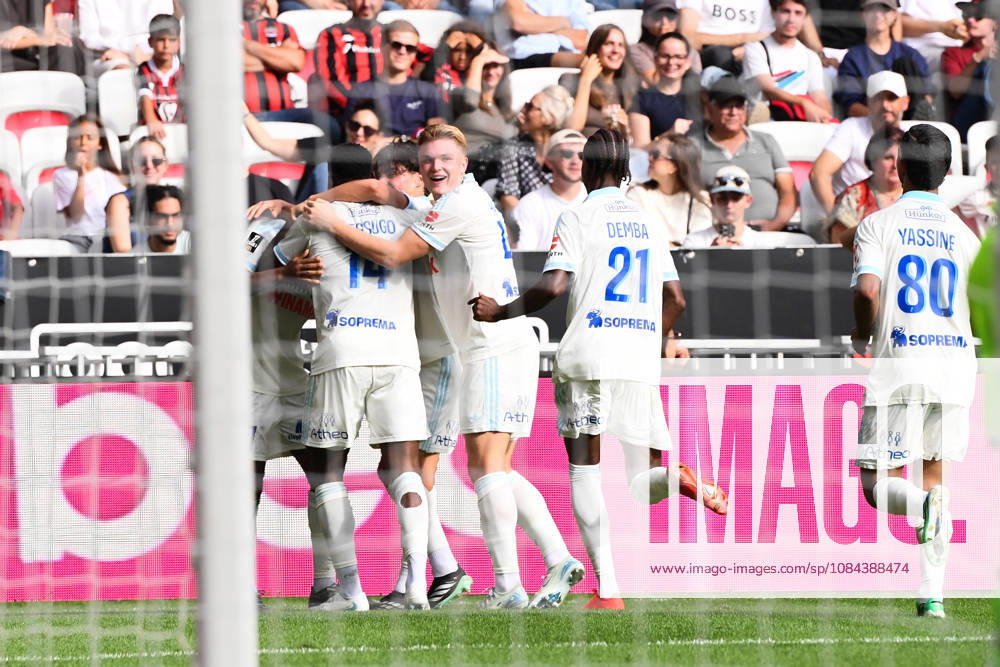 OGC Nice v RC Strasbourg Alsace - Ligue 1 McDonald s 2026 2027 Dario Essugo of Strasbourg and team celebrate after scores Conrad HARDER of Strasbourg , Pape Demba DIOP of RC Strasbourg during Ligue 1 McDonald s match between Nice and Strasbourg at Allianz Riviera Stadium on October 11, 2026 in Nice, France. Nice France