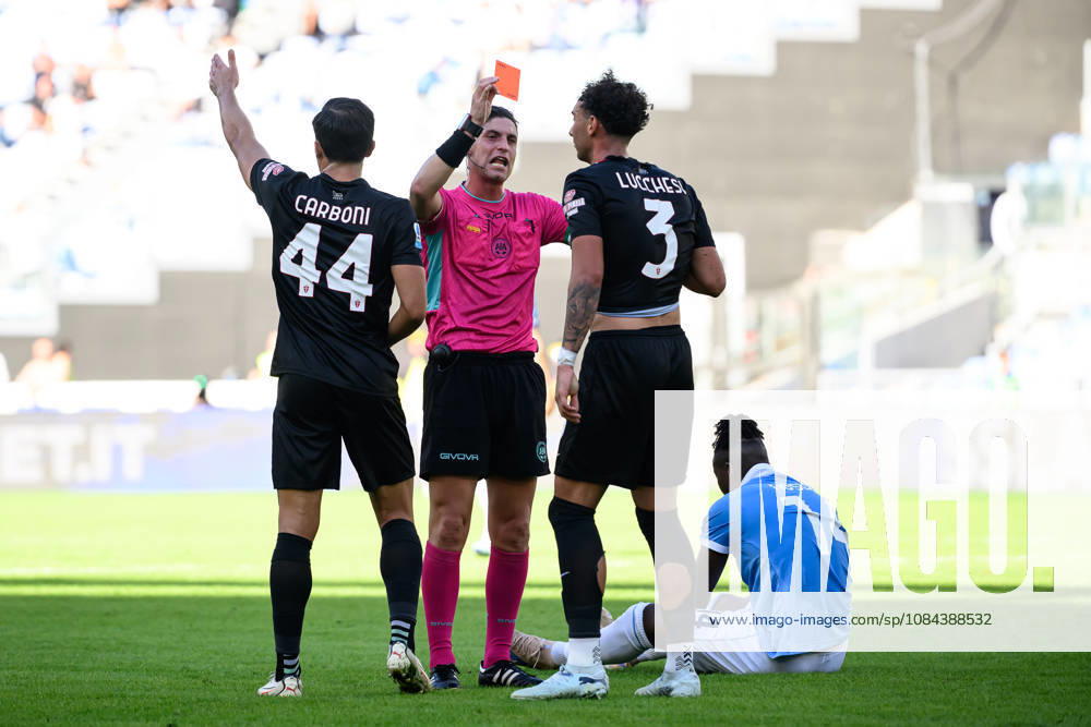Referee Giuseppe Collu shows a red card to Lorenzo Lucchesi of AC Monza during the Serie A 2026 2027 football match between SS Lazio and AC Monza at Stadio Olimpico in Rome (Italy), October 11, 2026. AndreaxStaccioli