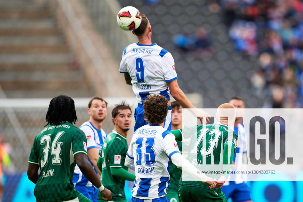 Gustaf Nilsson, Hertha BSC, 09; Soufian Gouram, Hertha BSC, 33; header; GER; Hertha BSC vs. SPVGG Greuther Fürth; 2. Bundesliga; 2026–27 season; Matchday 7, October 11, 2026 DFL regulations prohibit any use of photographs as image sequences and or quasi-video GER, Hertha BSC vs. SPVGG Greuther Fürth, 2. Bundesliga, 2026–27 season, Matchday 7, October 11, 2026, Berlin