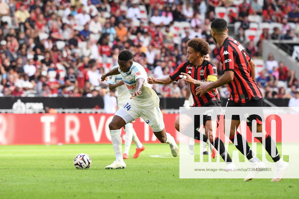 OGC Nice v RC Strasbourg Alsace - Ligue 1 McDonald s 2026 2027 Dario Essugo of Strasbourg scores a goal and Axel WITSEL of Nice during Ligue 1 McDonald s match between Nice and Strasbourg at Allianz Riviera Stadium on October 11, 2026 in Nice, France. Nice France