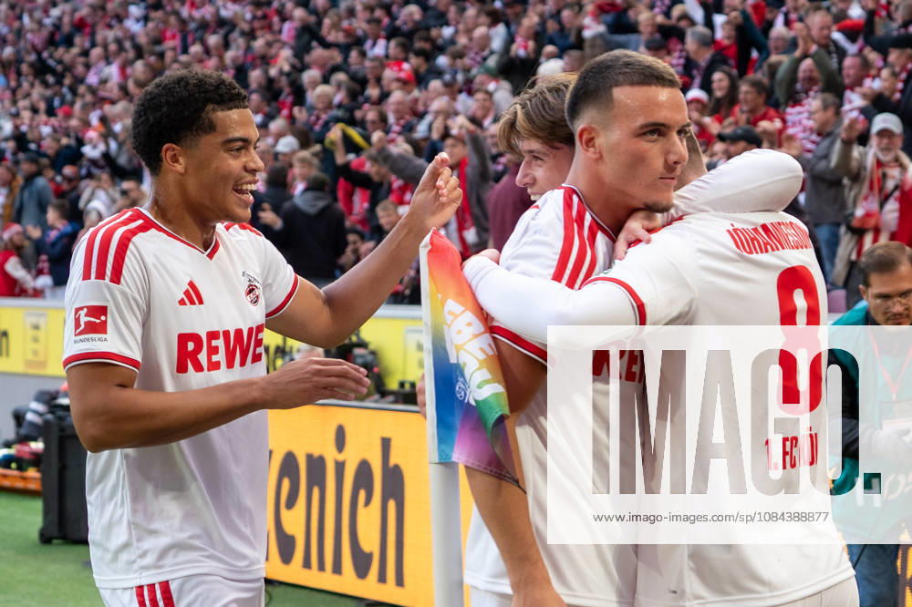 Germany 1 Bundesliga 2026–2027, Matchday 5, 1. FC Köln vs. Borussia Mönchengladbach, Sunday, October 11, 2026, RheinEnergie Stadium, Cologne, North Rhine-Westphalia, Goal and goal celebration for the 1–0 score by Isak Johannesson (1. FC Köln), 8 Joy, Emotions, celebration with Saöd El Mala of 1. FC Köln, 10 Cologne, RheinEnergie Stadium, Cologne, Germany