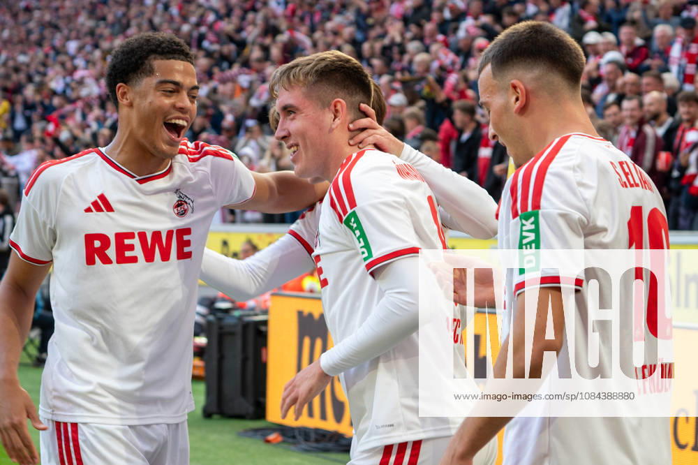 Germany 1 Bundesliga 2026–2027, Matchday 5, 1. FC Köln vs. Borussia Mönchengladbach, Sunday, October 11, 2026, RheinEnergie Stadium, Cologne, North Rhine-Westphalia; Goal and goal celebration for the 1–0 by Isak Johannesson (1. FC Köln), 8; Joy, emotions, celebration with Sa d El Mala (1 FC Köln), 10, and Jahmai Simpson Pusey (1 FC Köln), 22, at the RheinEnergie Stadium, Cologne, Germany