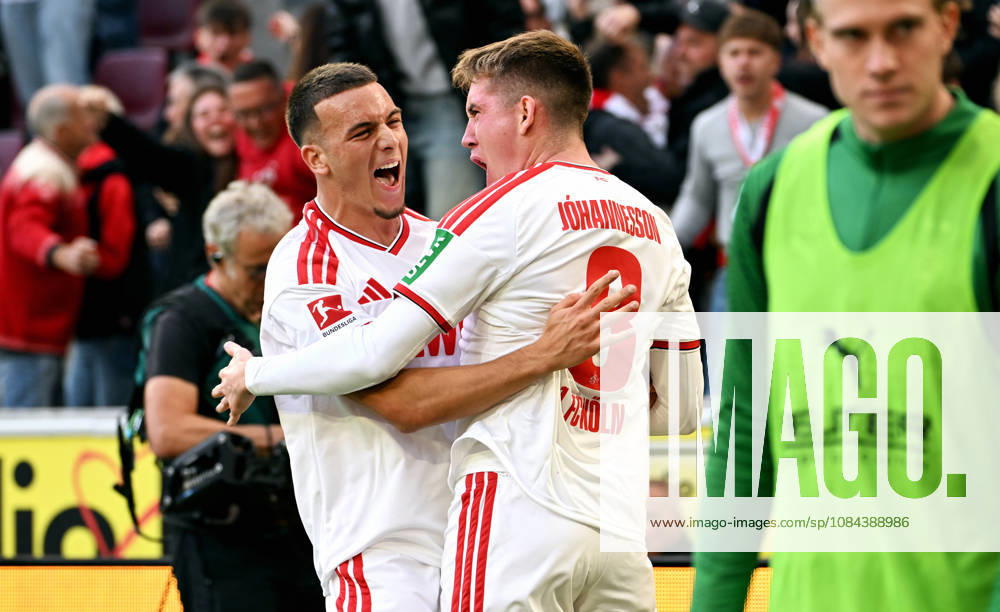 Cologne, Germany, Bundesliga 1, Matchday 5, Rhein Energie Stadium Cologne, 1. FC Köln vs. Borussia Mönchengladbach; Isak Johannesson of 1. FC Köln celebrates after scoring, along with Said El Mala of 1. FC Köln; Celebration, Joy, Action