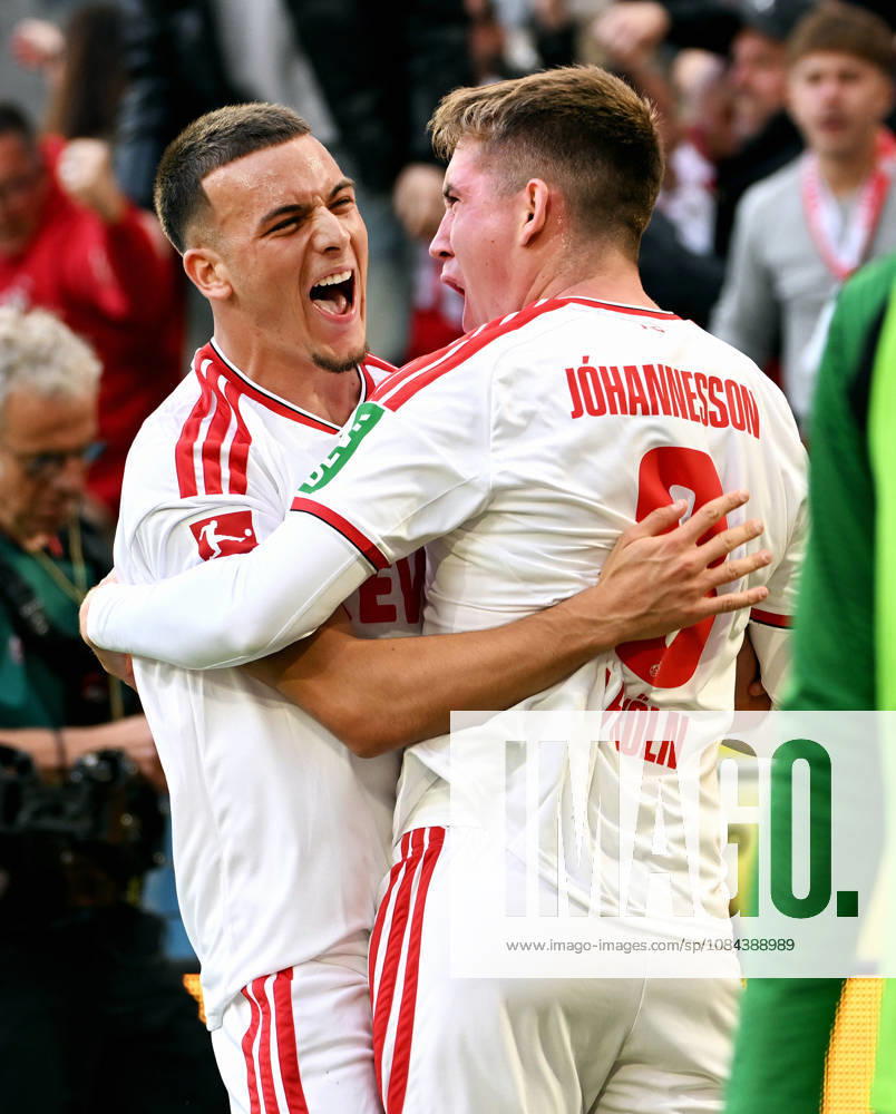 Cologne, Germany, Bundesliga 1, Matchday 5, Rhein Energie Stadium Cologne, 1. FC Köln vs. Borussia Mönchengladbach; Isak Johannesson of 1. FC Köln celebrates after scoring, along with Said El Mala of 1. FC Köln; Celebration, Joy, Action