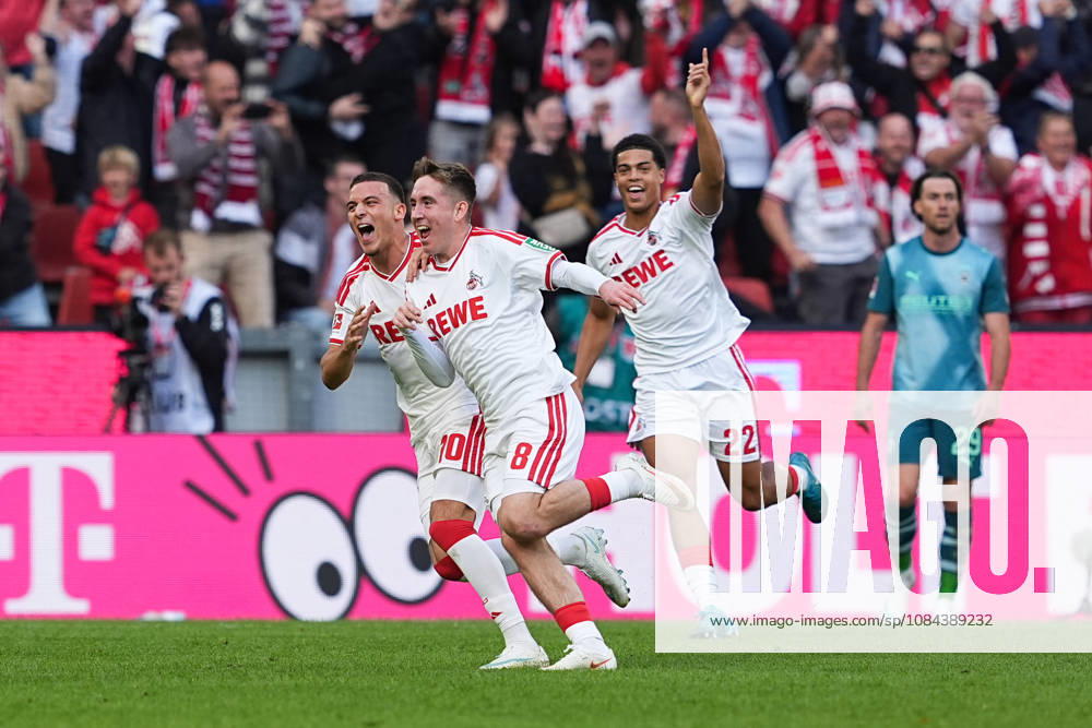 Men s, Soccer, Bundesliga 1, 1. FC Köln vs. Borussia Mönchengladbach, 2026–2027 season, RheinEnergieSTADION: Celebration after the 1–0 goal for 1. FC Köln scored by Isak Johannesson (1. FC Köln, No. 8), along with Said El Mala (1. FC Köln, No. 10) and Jahmai Simpson Pusey (1. FC Köln, 22 DFB regulations prohibit any use of photographs as image sequences and or quasi-video