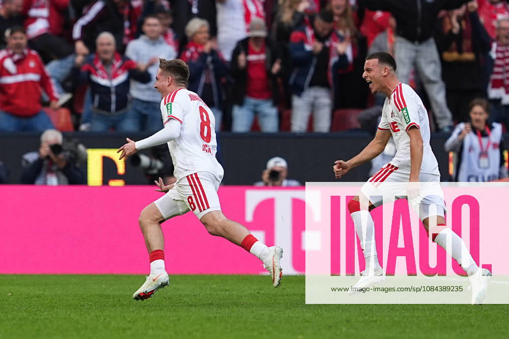 Men s, Soccer, Bundesliga 1, 1. FC Köln vs. Borussia Mönchengladbach, 2026–2027 season, RheinEnergieSTADION: Celebrations after the 1–0 goal for 1. FC Köln scored by Isak Johannesson (1. FC Köln, No. 8) alongside Said El Mala (1. FC Köln, No. 10). DFB regulations prohibit any use of photographs as image sequences and or quasi-video.