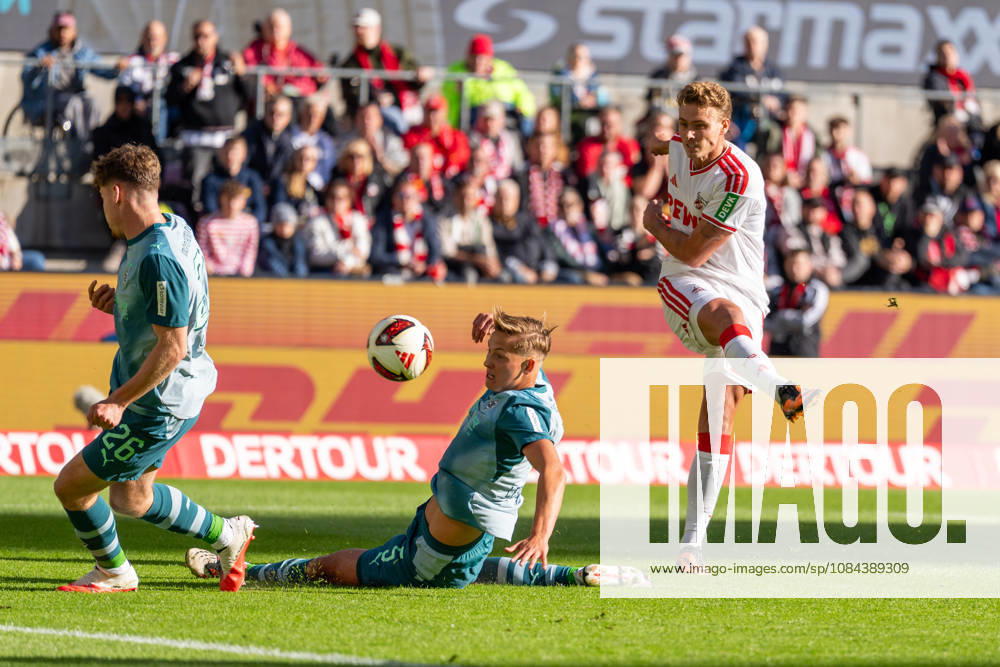 Sebastian Sebulonsen (1. FC Köln, 28) shoots at the goal, and Jan Leszczynski (Borussia Mönchengladbach, 05) slides in to block it; Lukas Ullrich (Borussia Mönchengladbach, 26). 1. FC Köln vs. Borussia Mönchengladbach, Soccer, Bundesliga, Matchday 5, 2026–27 season, October 12, 2026, DFL regulations prohibit any use of photographs as image sequences and or quasi-video, 1. FC Köln vs. Borussia Mönchengladbach, Soccer, Bundesliga, Matchday 5, 2026–27 Season, October 12, 2026, Cologne