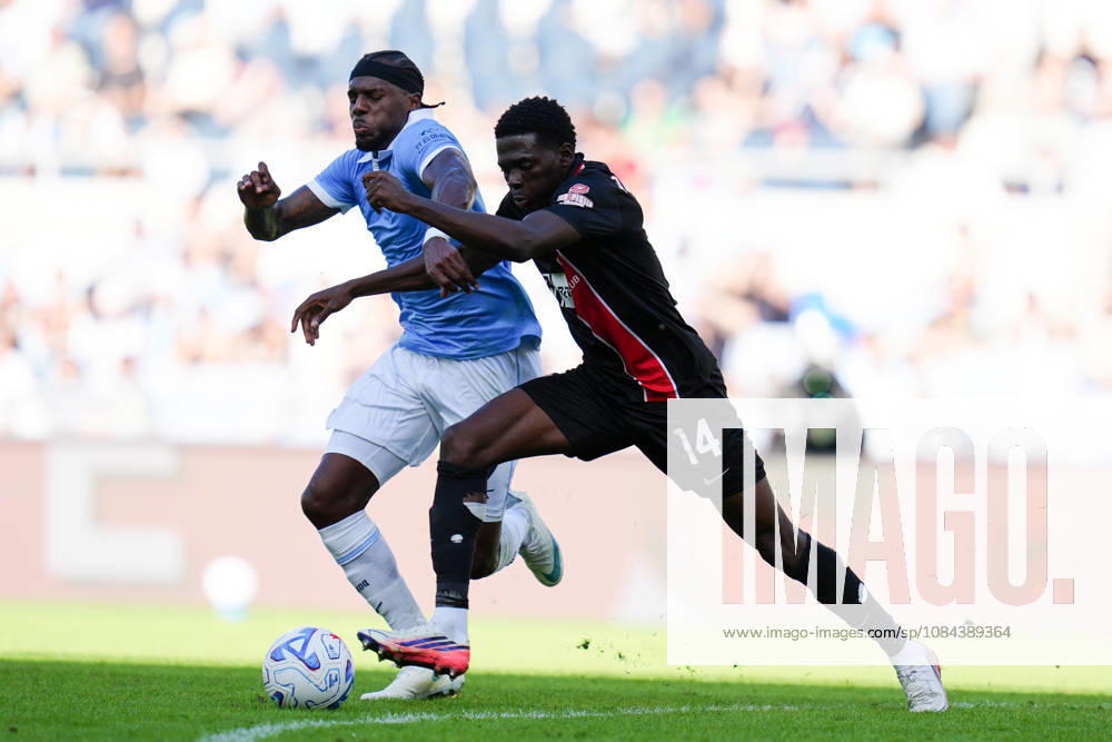 SS Lazio v AC Monza - Serie A Enilive Ebenezer Akinsanmiro of AC Monza and Nuno Tavares of SS Lazio compete for the ball during the Serie A Enilive match between SS Lazio and AC Monza at Olympic Stadium on October 11, 2026 in Rome, Italy. Rome Olympic Stadium Lazio Italy