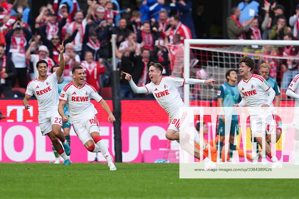 Men s, Soccer, Bundesliga 1, 1. FC Köln vs. Borussia Mönchengladbach, 2026–2027 season, RheinEnergieSTADION: Goal celebration after 1-0 for 1. FC Köln by goal scorer Isak Johannesson (1. FC Köln, 8), along with Said El Mala (1. FC Köln, 10) and Jahmai Simpson Pusey (1. FC Köln, 22 Mikey Moore (1. FC Köln), 47 DFB regulations prohibit any use of photographs as image sequences and or quasi-video