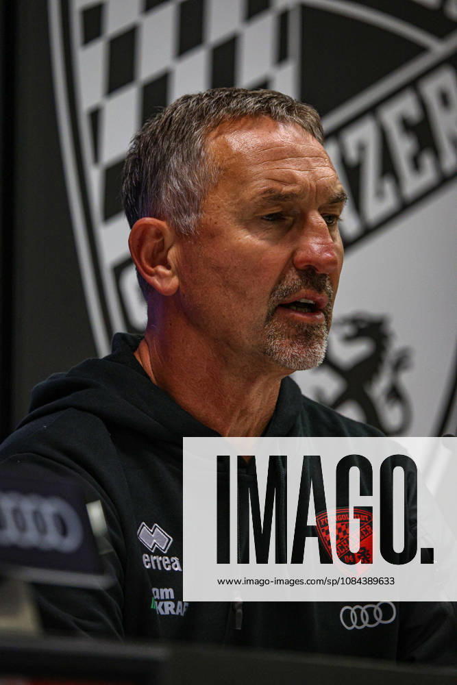 Coach Achim Beierlorzer, head coach of FC Ingolstadt 04, at the postgame press conference following the match between FC Ingolstadt 04 and SV Wehen Wiesbaden on October 11, 2026, DFB regulations prohibit any use of photographs as image sequences and or quasi-video. GER, Soccer, 3. Liga, Matchday 8, FC Ingolstadt 04 vs. SV Wehen Wiesbaden, October 11, 2026, Audi Sportpark Ingolstadt