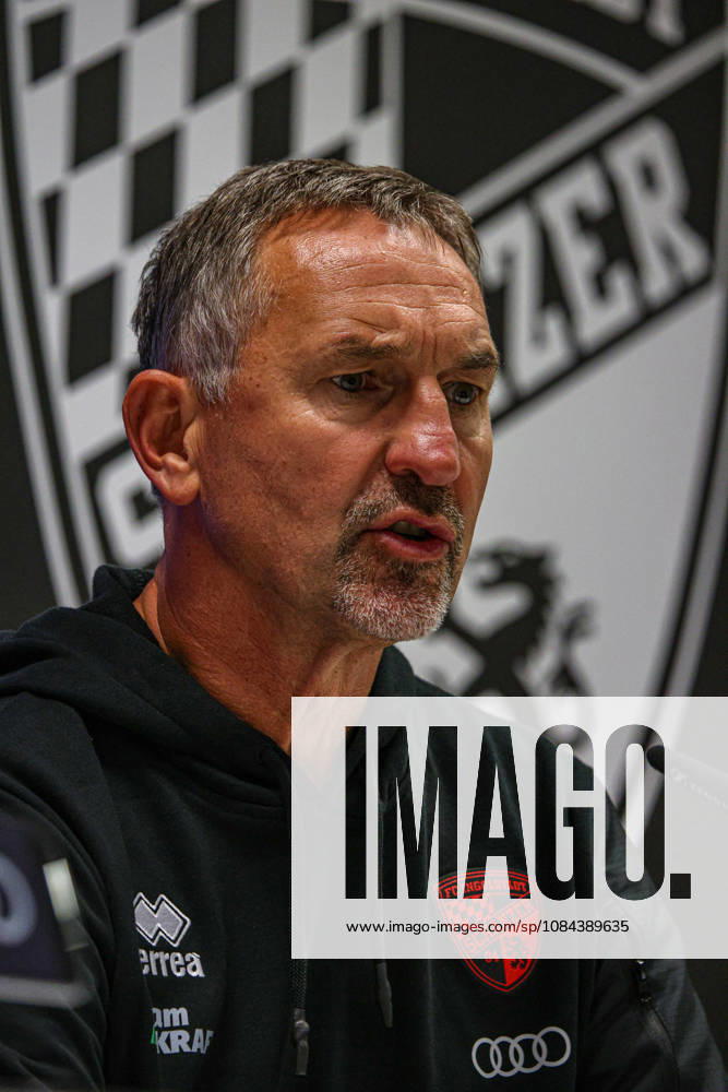 Coach Achim Beierlorzer, head coach of FC Ingolstadt 04, at the postgame press conference following the match between FC Ingolstadt 04 and SV Wehen Wiesbaden on October 11, 2026, DFB regulations prohibit any use of photographs as image sequences and or quasi-video. GER, Soccer, 3. Liga, Matchday 8, FC Ingolstadt 04 vs. SV Wehen Wiesbaden, October 11, 2026, Audi Sportpark Ingolstadt
