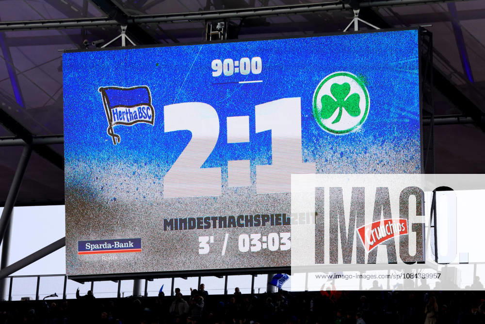 Germany, Soccer, 2. Bundesliga, Matchday, 2026–2027 Season, Berlin Olympic Stadium, Hertha BSC vs. Greuther Fürth, scoreboard showing the final score, 2–1, 2. Bundesliga. DFB and DFL regulations prohibit any use of photographs as image sequences and or quasi-video. nordphoto GmbH, Engler, Berlin, Berlin Olympic Stadium, Berlin, Germany