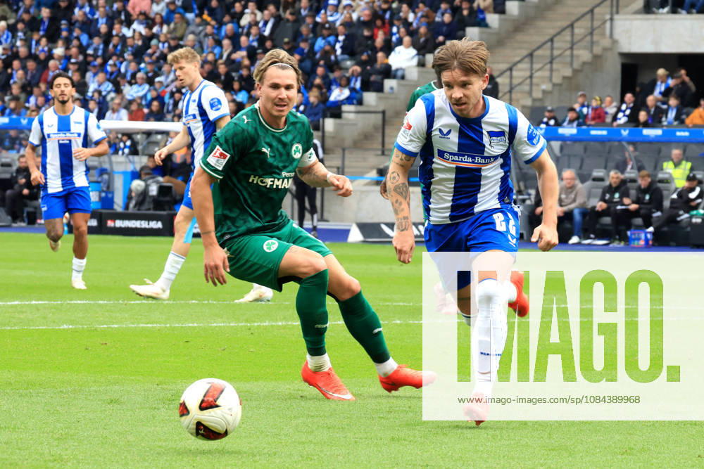 Germany, Soccer, 2. Bundesliga, Matchday, 2026–2027 Season, Berlin Olympic Stadium, Hertha BSC vs. Greuther Fürth, Mads Pedersen (Hertha BSC Berlin 22), Felix Klaus (Greuther Fürth 30). DFB and DFL regulations prohibit any use of photographs as image sequences and or quasi-video. nordphoto GmbH, Engler, Berlin, Berlin Olympic Stadium, Berlin, Germany