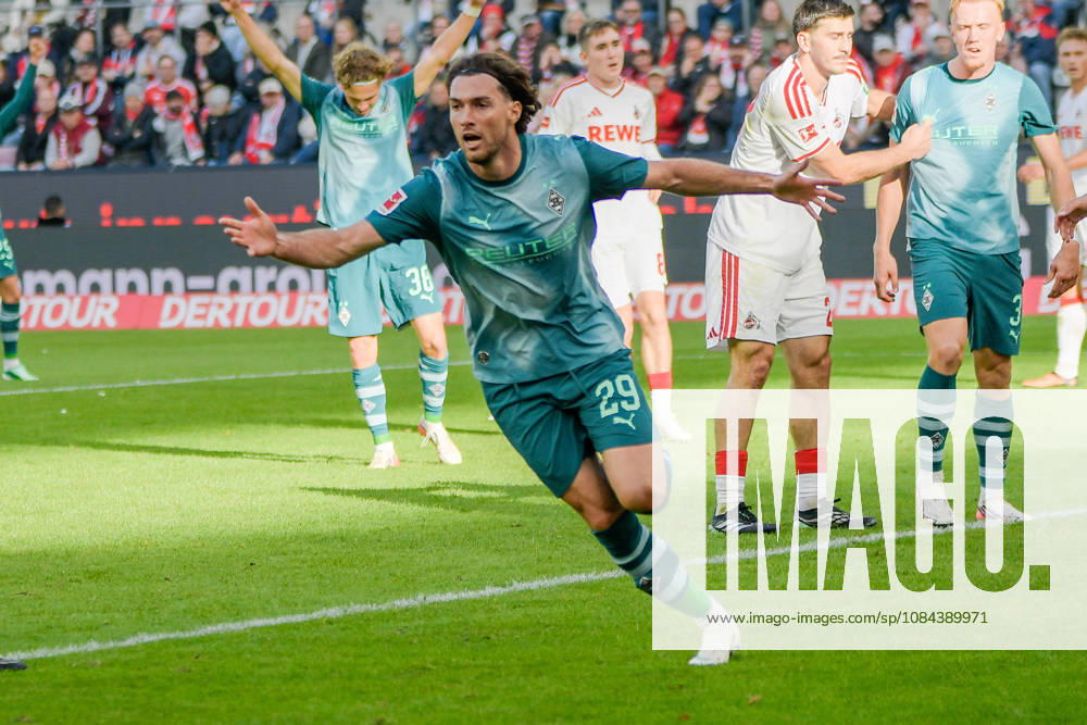 Joe Scally of Mönchengladbach 29 celebrates after scoring the goal on 1 1 11 10 2026 ¢ Soccer ¢ 1. FC Köln vs. Borussia Mönchengladbach, RheinEnergieStadion, Cologne, DFB and DFL regulations prohibit any use of photographs as image sequences and or quasi-video. NRW, Germany