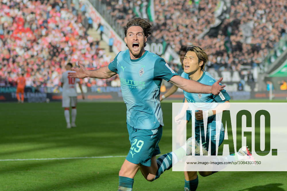 Joe Scally of Mönchengladbach 29 celebrates after scoring the goal on 1 1 11 10 2026 ¢ Soccer ¢ 1. FC Köln vs. Borussia Mönchengladbach, RheinEnergieStadion, Cologne, DFB and DFL regulations prohibit any use of photographs as image sequences and or quasi-video. NRW, Germany