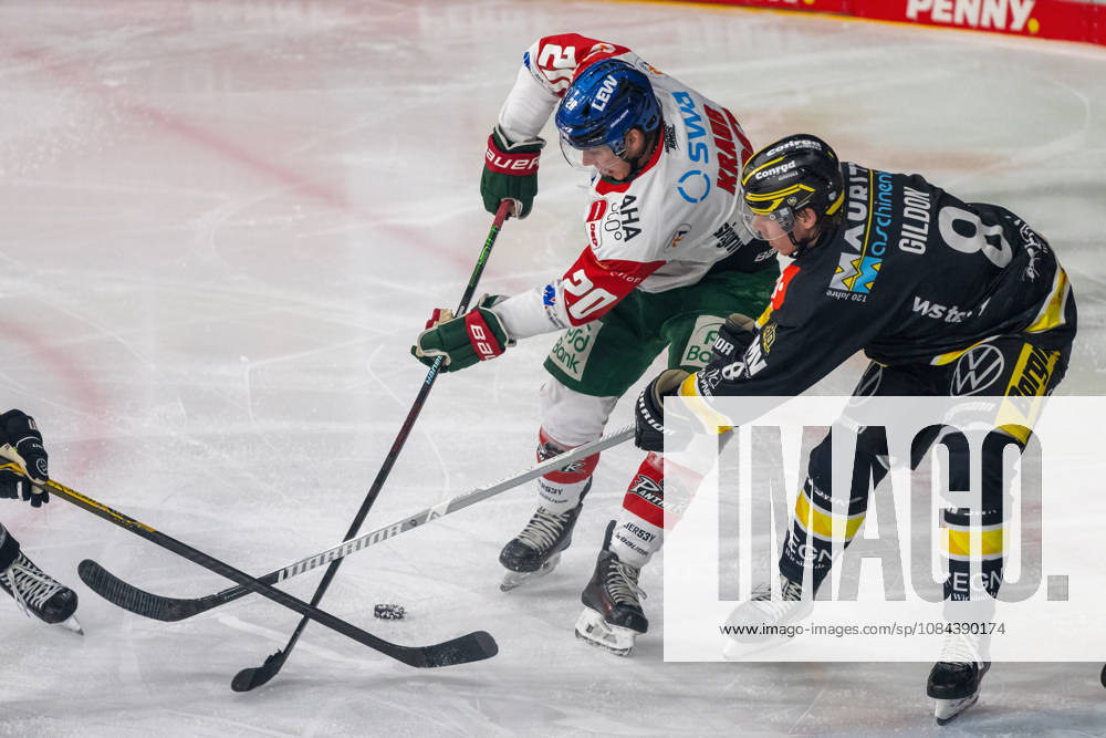 Face-off between Philipp Krauss of the Augsburger Panther (No. 20) and Max Gildon of the Krefeld Pinguine (No. 08); Krefeld Pinguine vs. Augsburger Panther, ice hockey, Penny DEL, Matchday 08, 2026–2027 season, October 11, 2026, Krefeld Pinguine vs. Augsburger Panther, ice hockey, Penny DEL, Matchday 8, 2026–2027 season, October 11, 2026, Krefeld