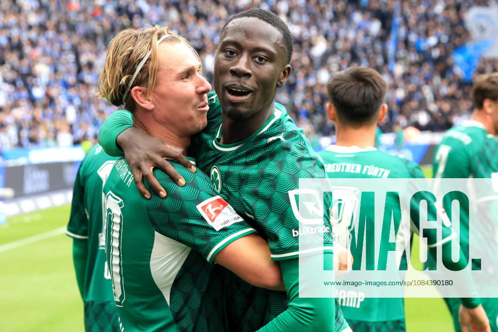 Germany, Soccer, 2. Bundesliga, Matchday, 2026–2027 Season, Berlin Olympic Stadium, Hertha BSC vs. Greuther Fürth, OMAR SILLAH, Greuther Fürth 42, Felix Klaus, Greuther Fürth 30, Offside Goal—The celebration was in vain. 2nd Division, DFB, DFL regulations prohibit any use of photographs as image sequences and or quasi-video. nordphoto GmbH, Engler, Berlin, Berlin Olympic Stadium, Berlin, Germany