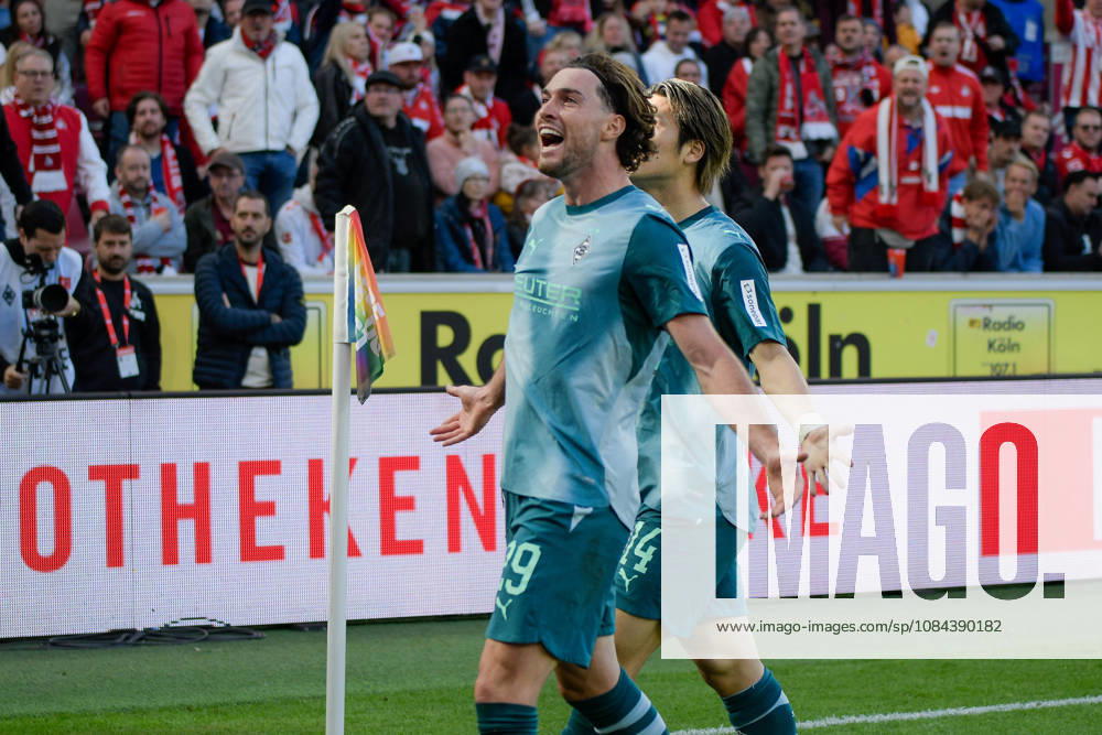 Joe Scally of Mönchengladbach 29 celebrates after scoring the goal on 1 1 11 10 2026 ¢ Soccer ¢ 1. FC Köln vs. Borussia Mönchengladbach, RheinEnergieStadion, Cologne, DFB and DFL regulations prohibit any use of photographs as image sequences and or quasi-video. NRW, Germany