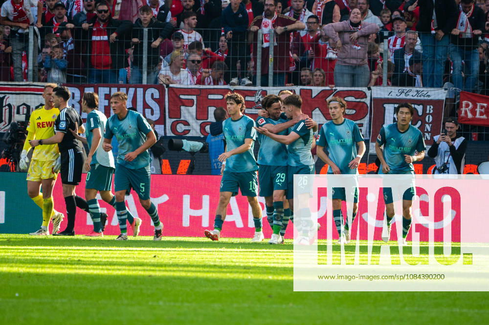 Germany 1 Bundesliga 2026–2027, Matchday 5, 1. FC Köln vs. Borussia Mönchengladbach, Sunday, October 11, 2026, RheinEnergie Stadium, Cologne, North Rhine-Westphalia; Goal and celebration of the 1–1 equalizer by Joe Scally (Borussia Mönchengladbach), 29 Joy, emotions, and celebration with Philipp Sander of Borussia Mönchengladbach, 16 Hugo Bolin of Borussia Mönchengladbach, 38 Cologne RheinEnergie Stadium, Cologne, Germany