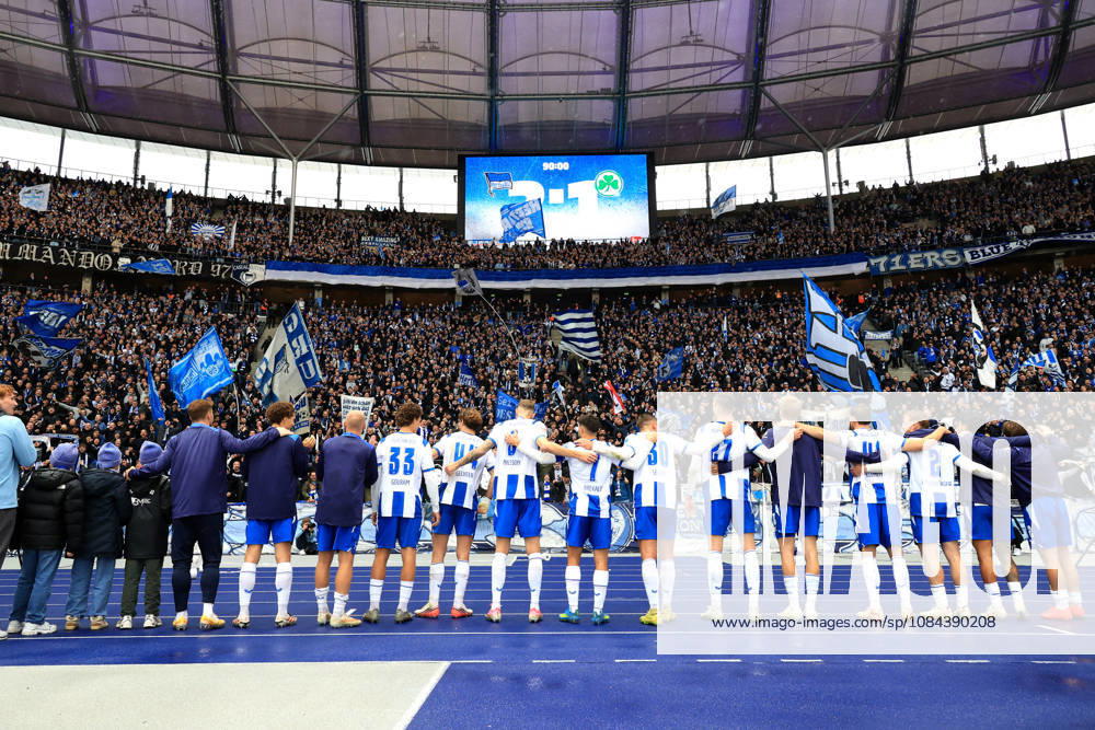 Germany, Soccer, 2. Bundesliga, Matchday, 2026–2027 Season, Berlin Olympic Stadium, Hertha BSC vs. Greuther Fürth, Hertha players, Hertha BSC fans, cheering, joy, happiness, happy, positive emotions, scoreboard showing the final score, 2-1, 2. Bundesliga, DFB and DFL regulations prohibit any use of photographs as image sequences and or quasi-video. nordphoto GmbH, Engler, Berlin, Berlin Olympic Stadium, Berlin, Germany
