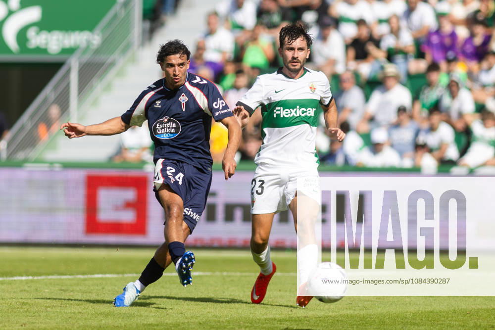 ESP LaLiga EA Sports Elche CF vs. Celta Vigo: Couhaib Driouech of Celta and Victor Chust of Elche during the LaLiga EA Sports match between Elche CF and Celta Vigo played at Martinez Valero Stadium in Elche on October 11, 2026, in Spain. Spanish Soccer