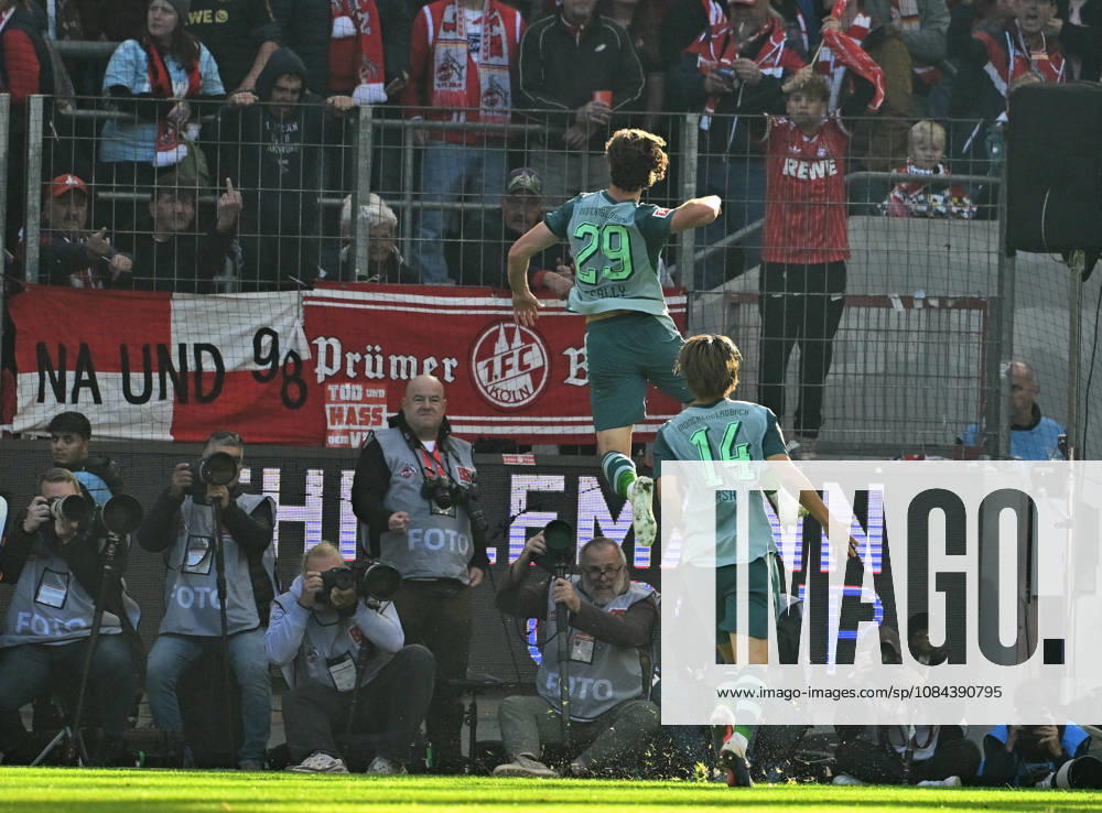 Cologne Soccer, Men s, 2026–2027 Season, 1. FC Cologne vs. Borussia Mönchengladbach: Gladbach celebrates a goal; here, Gladbach goal scorer Joe Scally, 29, after scoring the 1–1 goal in front of the Cologne fan section. DFL regulations prohibit any use of photographs as image sequences and or quasi-video. Rhein Energie Stadium, North Rhine-Westphalia, Germany