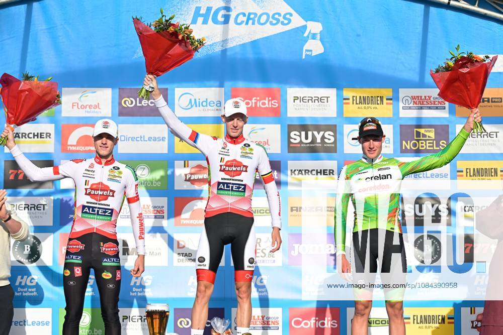 L-R, second Belgium s Yordi Corsus; winner Belgium s Michael Vanthourenhout and third Belgium s Gerben Kuypers celebrate on the podium of the men elite race of the Mosselcross cyclocross cycling event, on Sunday 11 October 2026, in Dendermonde, the first race (out of 7) of the HG Cross competition. DAVIDxPINTENS x189456419x