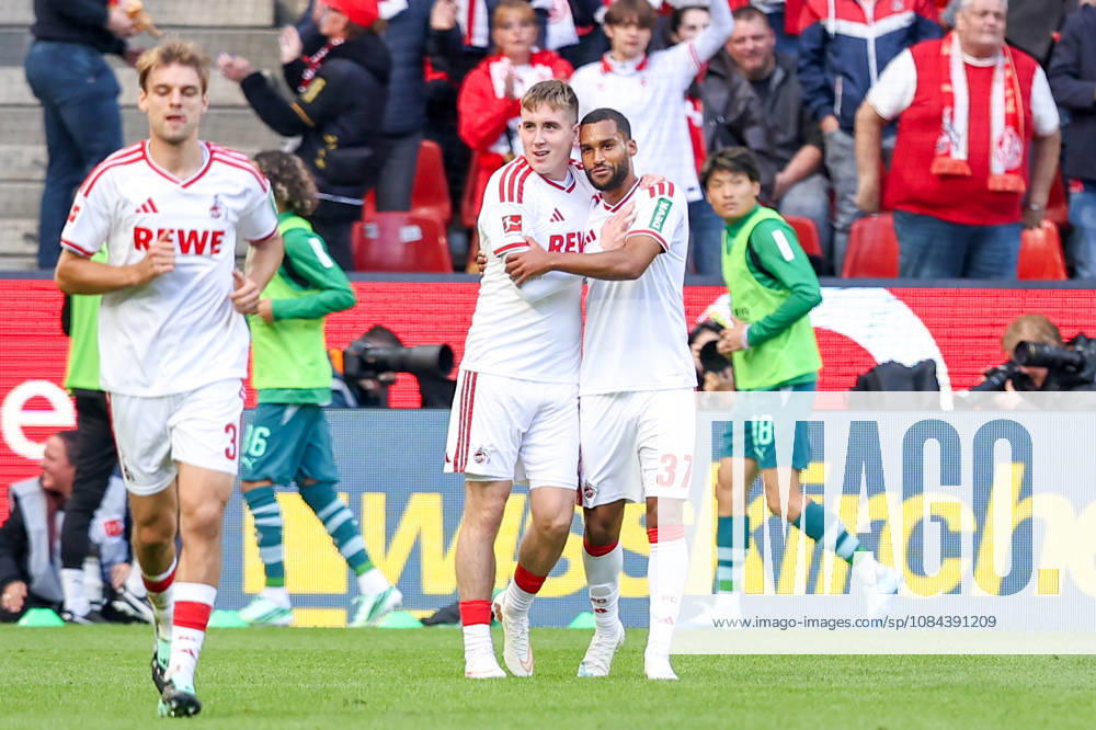 Soccer, Bundesliga, 1. FC Köln vs. Borussia Mönchengladbach, RheinEnergieSTADION, Matchday 5, 2026–2027 Season: Isak Johannesson of 1. FC Köln (No. 8) celebrates after the 1–0 win with Linton Maina (No. 37). DFB regulations prohibit any use of photographs as image sequences and or quasi-video. Photo: WilkowskixPressefotoKochx NorthRhineland-Westphalia, Germany