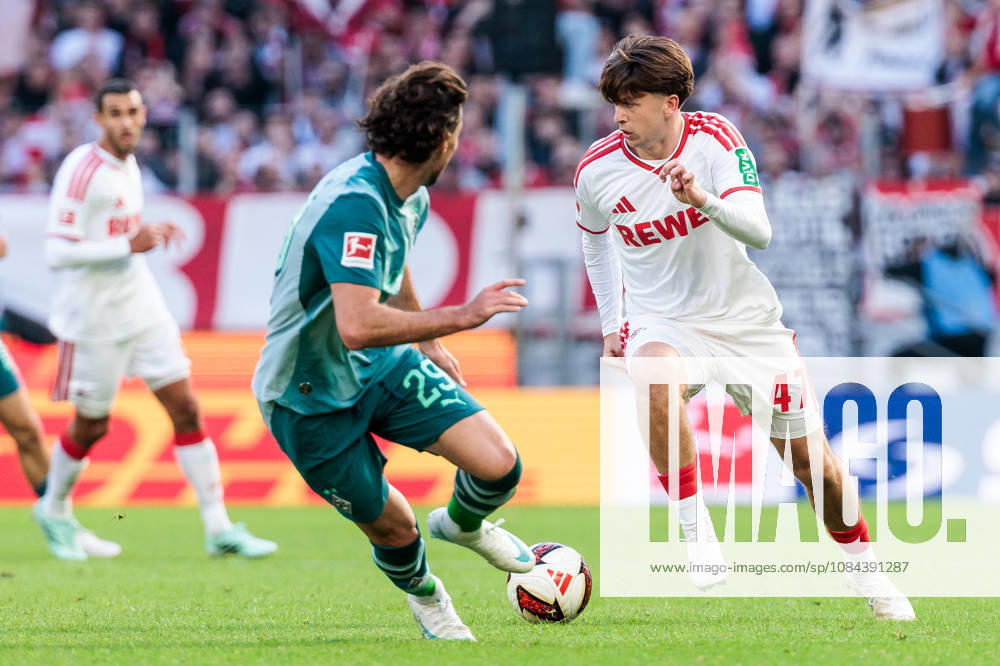 Mikey Moore (1. FC Koeln, 47) controls the ball against Joe Scally (Borussia Moenchengladbach, 29) during the Bundesliga match between 1. FC Koeln vs. Borussia Moenchengladbach at Rheinenergie-Stadion on matchday 5 of the 1. Bundesliga on October 11, 2026 in Koeln, Germany. DFL REGULATIONS PROHIBIT ANY USE OF PHOTOGRAPHS AS IMAGE SEQUENCES AND OR QUASI-VIDEO. North Rhine Westphalia Germany