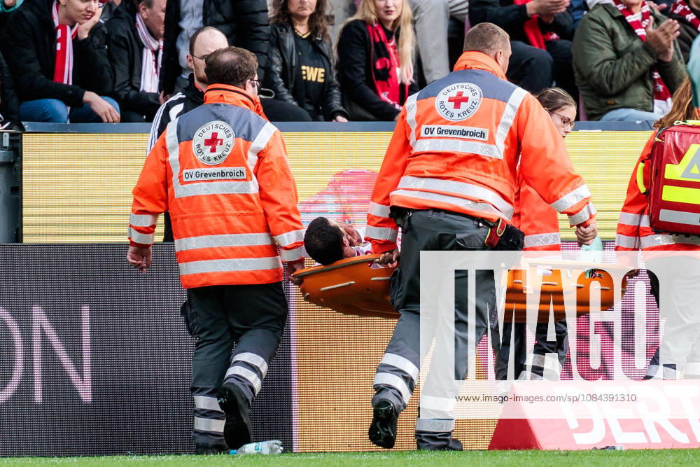 Ellyes Skhiri (1. FC Koeln, 6) has to be carried off pitch due to injury during the Bundesliga match between 1. FC Koeln vs. Borussia Moenchengladbach at Rheinenergie-Stadion on matchday 5 of the 1. Bundesliga on October 11, 2026 in Koeln, Germany. DFL REGULATIONS PROHIBIT ANY USE OF PHOTOGRAPHS AS IMAGE SEQUENCES AND OR QUASI-VIDEO. North Rhine Westphalia Germany