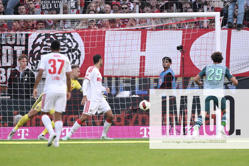 Joe Scally of Borussia Mönchengladbach (right) scores against goalkeeper Marvin Schwäbe of 1. FC Köln, tying the game at 1–1 on October 11, 2026, in the 1. Bundesliga, 2026–2027 season, Matchday 5, 1. FC Köln vs. Borussia Mönchengladbach. DFL regulations prohibit any use of photographs as image sequences and or quasi-video. Cologne, RheinEnergie Stadium, North Rhine-Westphalia, Germany Team2