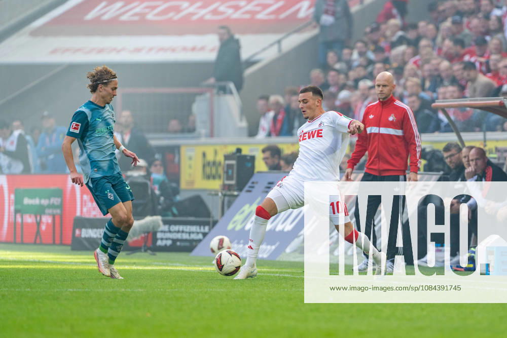 Hugo Bolin of Borussia Mönchengladbach, No. 38, in a tackle with Said El Mala of 1. FC Köln, No. 10; René Wagner of 1. FC Köln, coach of 1. FC Köln vs. Borussia Mönchengladbach, Soccer, Bundesliga, Matchday 5, 2026–27 season, October 12, 2026, DFL regulations prohibit any use of photographs as image sequences and or quasi-video, 1 FC Köln vs. Borussia Mönchengladbach, Soccer, Bundesliga, Matchday 5, 2026–27 Season, October 12, 2026, Cologne