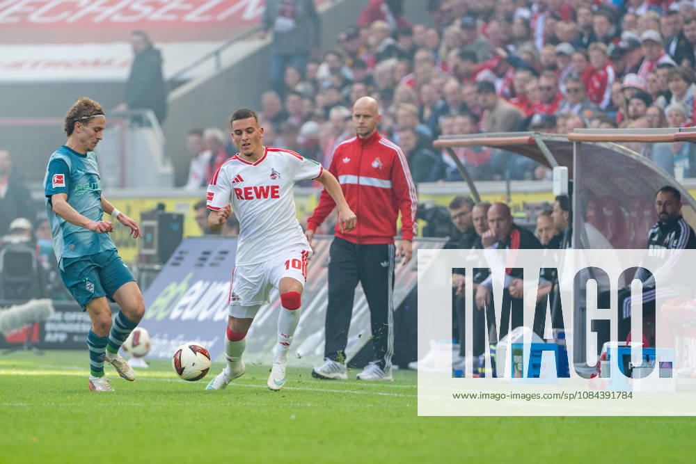 Hugo Bolin of Borussia Mönchengladbach, No. 38, in a tackle with Said El Mala of 1. FC Köln, No. 10; René Wagner of 1. FC Köln, coach of 1. FC Köln vs. Borussia Mönchengladbach, Soccer, Bundesliga, Matchday 5, 2026–27 season, October 12, 2026, DFL regulations prohibit any use of photographs as image sequences and or quasi-video, 1 FC Köln vs. Borussia Mönchengladbach, Soccer, Bundesliga, Matchday 5, 2026–27 Season, October 12, 2026, Cologne