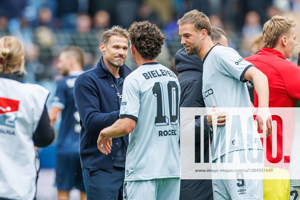 Coach Oliver Kirch of DSC Arminia Bielefeld, Jannik Rochelt of DSC Arminia Bielefeld and Noel Futkeu of DSC Arminia Bielefeld celebrate after the 0–1 victory during the 2. Bundesliga match between VfL Bochum and Arminia Bielefeld, at the Ruhrstadion on October 11, 2026, in Bochum, Germany. Photo by Mario Hommes, DeFodi Images. Coach Oliver Kirch of DSC Arminia Bielefeld, Jannik Rochelt of DSC Arminia Bielefeld and Noel Futkeu of DSC Arminia Bielefeld celebrate after winning during the 2. Bundesliga match between VfL Bochum and Arminia Bielefeld at Vonovia Ruhrstadion on October 11, 2026 in Bochum, Germany. Photo by Mario Hommes, DeFodi Images. DFB and DFL regulations prohibit any use of photographs as image sequences and or quasi-video. Photo by Mario Hommes, DeFodi Images.