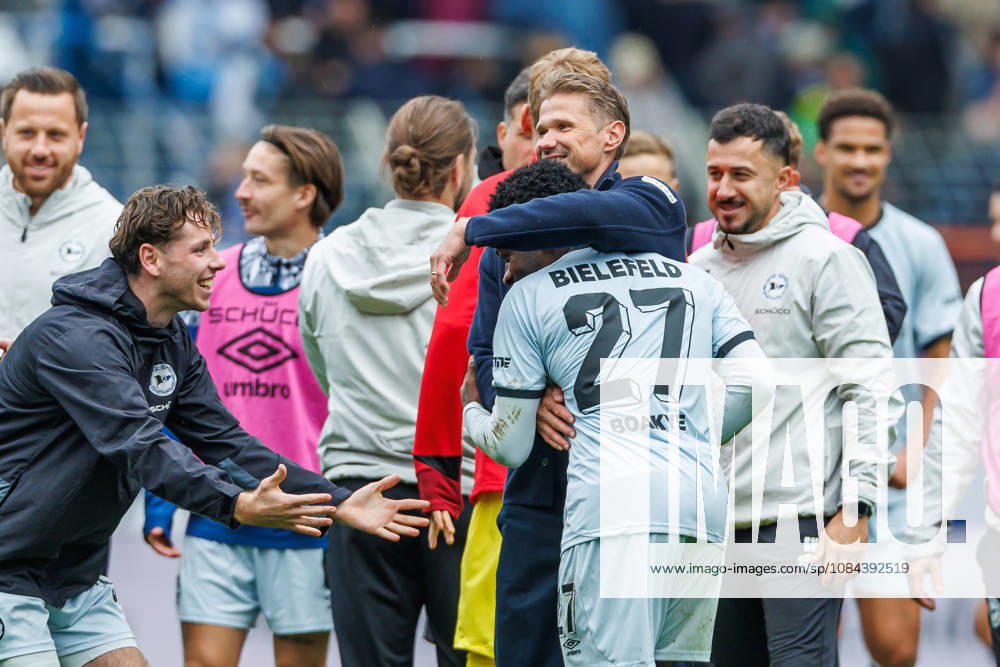Coach Oliver Kirch of DSC Arminia Bielefeld and Benjamin Boakye of DSC Arminia Bielefeld celebrate after the 0-1 victory during the 2. Bundesliga match between VfL Bochum and Arminia Bielefeld, at the Ruhrstadion on October 11, 2026, in Bochum, Germany. Photo by Mario Hommes, DeFodi Images. Coach Oliver Kirch of DSC Arminia Bielefeld and Benjamin Boakye of DSC Arminia Bielefeld celebrate after winning during the 2nd Bundesliga match between VfL Bochum and Arminia Bielefeld at Vonovia Ruhrstadion on October 11, 2026 in Bochum, Germany. Photo by Mario Hommes, DeFodi Images. DFB and DFL regulations prohibit any use of photographs as image sequences and or quasi-video. Photo by Mario Hommes, DeFodi Images