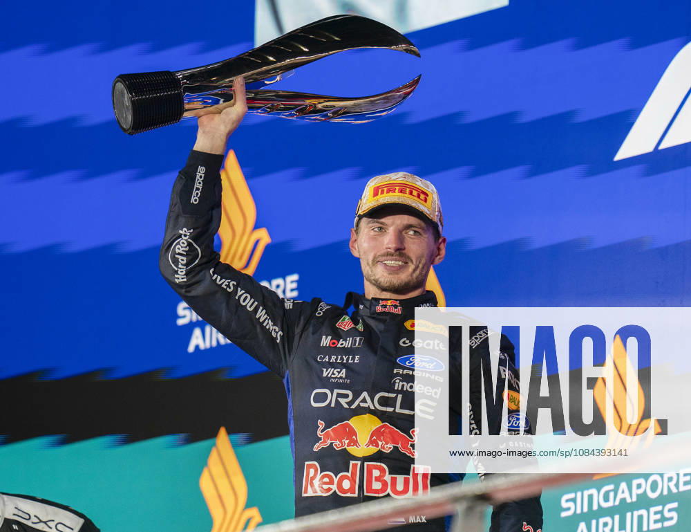 FORMULA 1 SINGAPORE AIRLINES SINGAPORE GRAND PRIX 2026 Max Verstappen (NED) 3 Red Bull Racing celebrates on the podium after winning the race during the Formula 1 Singapore Airlines Singapore Grand Prix 2026, Round 17 of the 2026 Formula 1 World Championship, WM, Weltmeisterschaft from 9th - 11th October 2026 at the Marina Bay Street Circuit, Singapore. Credit: Robbie Hoad Every Second Media Editorial use only. All images are copyright Every Second Media Limited. No images may be reproduced without prior permission.