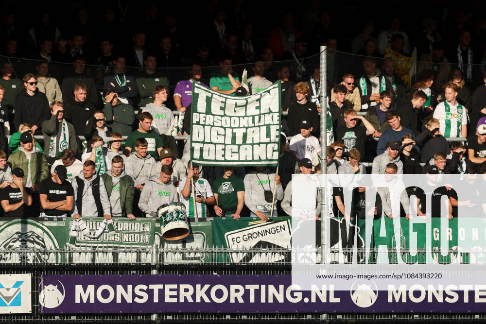 2026-10-11 Excelsior Rotterdam v FC Groningen - Dutch Eredivisie ROTTERDAM, NETHERLANDS - OCTOBER 11: The flag of the Fans and Supporters of FC Groningen during the Dutch Eredivisie match between Excelsior Rotterdam and FC Groningen at Stadion Woudestein on October 11, 2026 in Rotterdam, Netherlands. Rotterdam Stadion Woudestein Netherlands Content not available for redistribution in The Netherlands directly or indirectly through any third parties.
