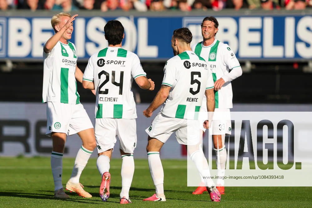 2026-10-11 Excelsior Rotterdam v FC Groningen - Dutch Eredivisie ROTTERDAM, NETHERLANDS - OCTOBER 11: Thijmen Blokzijl of FC Groningen, Marco Rente of FC Groningen, Pelle Clement of FC Groningen, Hans Hateboer of FC Groningen celebrates after scoring the first goal of the team during the Dutch Eredivisie match between Excelsior Rotterdam and FC Groningen at Stadion Woudestein on October 11, 2026 in Rotterdam, Netherlands. Rotterdam Stadion Woudestein Netherlands Content not available for redistribution in The Netherlands directly or indirectly through any third parties.