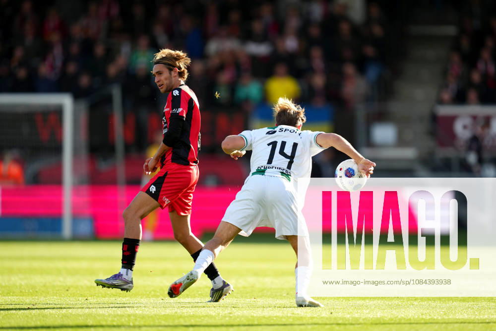 Eredivisie: Excelsior Rotterdam v FC Groningen Rotterdam - Agust Orri Thorsteinsson of Excelsior Rotterdam duels for the ball with Jorg Schreuders of FC Groningen during the eight competition round of the 2026 2027 Eredivisie season. The match is set between Excelsior Rotterdam and FC Groningen at Stadion Woudestein on 11 October 2026 in Rotterdam, Netherlands. (Hero Images Yannick Verhoeven)