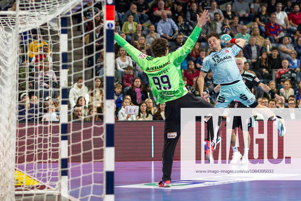 Shot by Leon Stehl (MT Melsungen), 13, on Tin Herceg (HC Erlangen), 99 GER, HC Erlangen vs. MT Melsungen, Handball, Opel Handball Bundesliga, Matchday 8, 2026–2027 season, October 11, 2026 GER, HC Erlangen vs. MT Melsungen, Handball, Opel Handball Bundesliga, Matchday 8, 2026–2027 season, October 11, 2026 Nuremberg