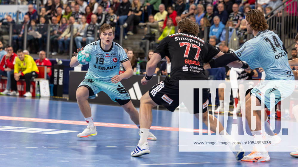 Reynir Thor Stefansson (MT Melsungen), 19, looks to get past Maciej Gebala (HC Erlangen), 77 GER, HC Erlangen vs. MT Melsungen, Handball, Opel Handball Bundesliga, Matchday 8, 2026–2027 season, October 11, 2026, GER, HC Erlangen vs. MT Melsungen, Handball, Opel Handball Bundesliga, Matchday 8, 2026–2027 season, October 11, 2026, Nuremberg