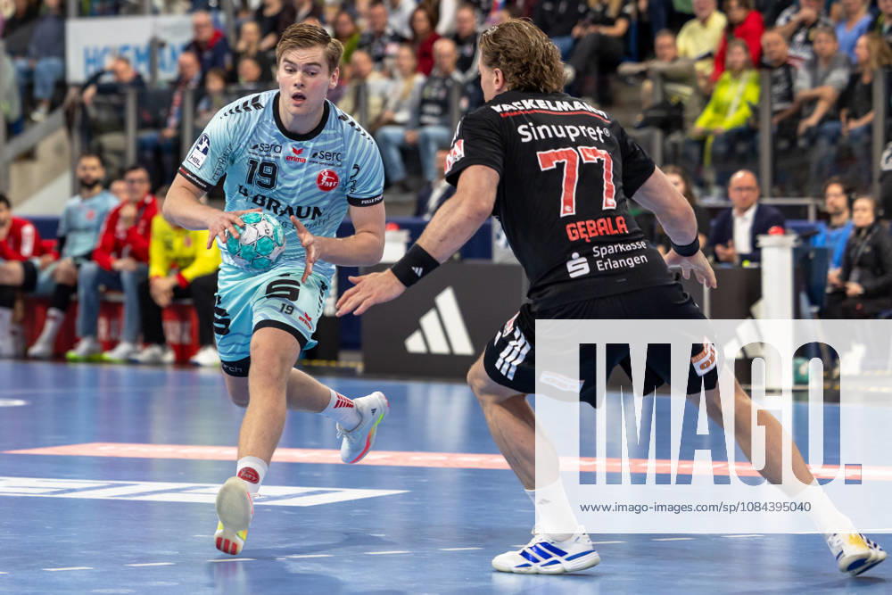 Reynir Thor Stefansson, MT Melsungen, 19, and Maciej Gebala, HC Erlangen, 77 GER, HC Erlangen vs. MT Melsungen, Handball, Opel Handball Bundesliga, Matchday 8, 2026–2027 season, October 11, 2026 GER, HC Erlangen vs. MT Melsungen, Handball, Opel Handball Bundesliga, Matchday 8, 2026–2027 season, October 11, 2026 Nuremberg